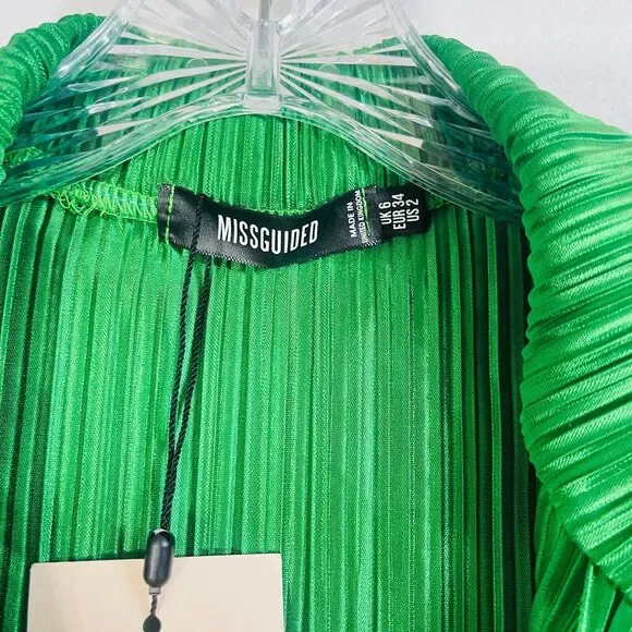 Missguided Womens Plisse Twist Front Plunging Long Sleeve Mini Dress Sz 2 Green - Picture 3 of 13